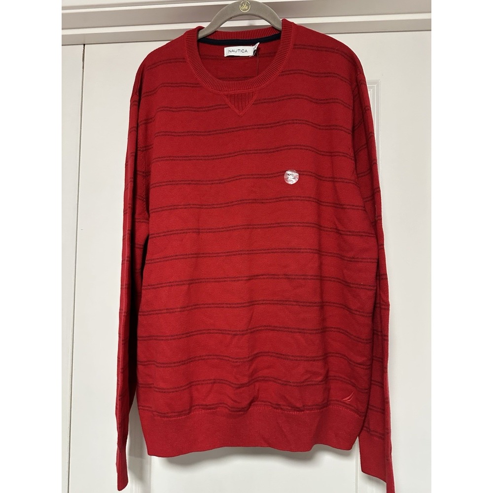 Nautica Men's Striped‎ Long Sleeve Crew Neck Sweater, Red, Size XL